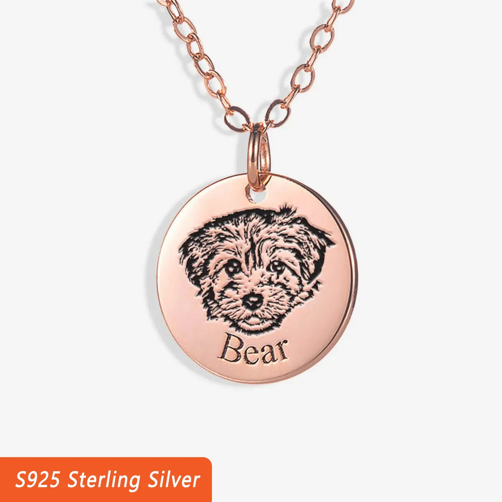 Custom Pet Photo Necklace in S925 Sterling Silver featuring a personalized pet portrait