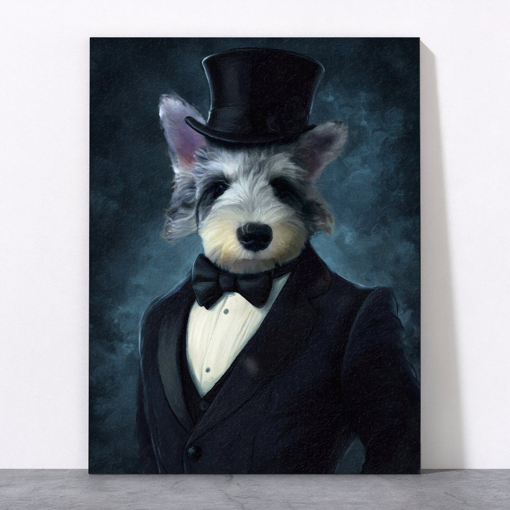 Custom Pet Portraits of a Stylish Dog in a Bowtie and Top Hat, Perfect for Home Decor