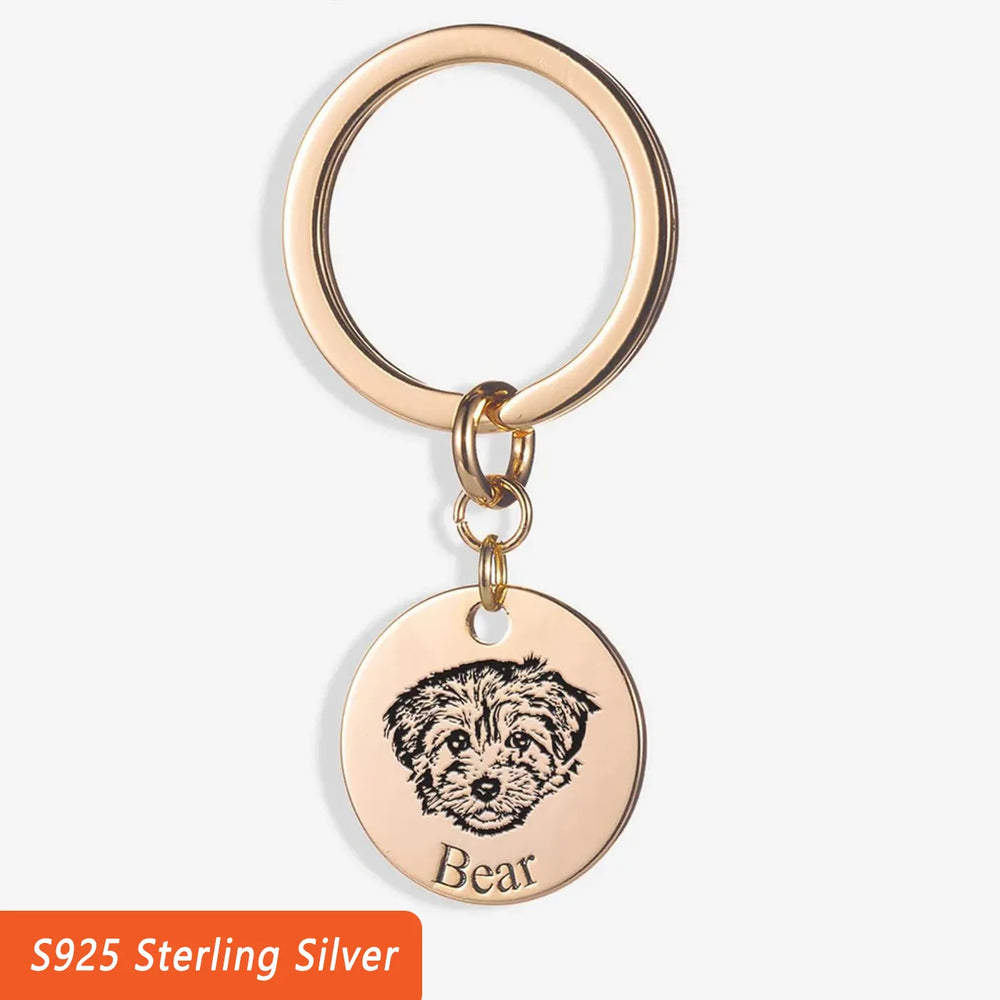 Personalized Dog Face Keychain in S925 Sterling Silver with Custom Pet Name Engraving