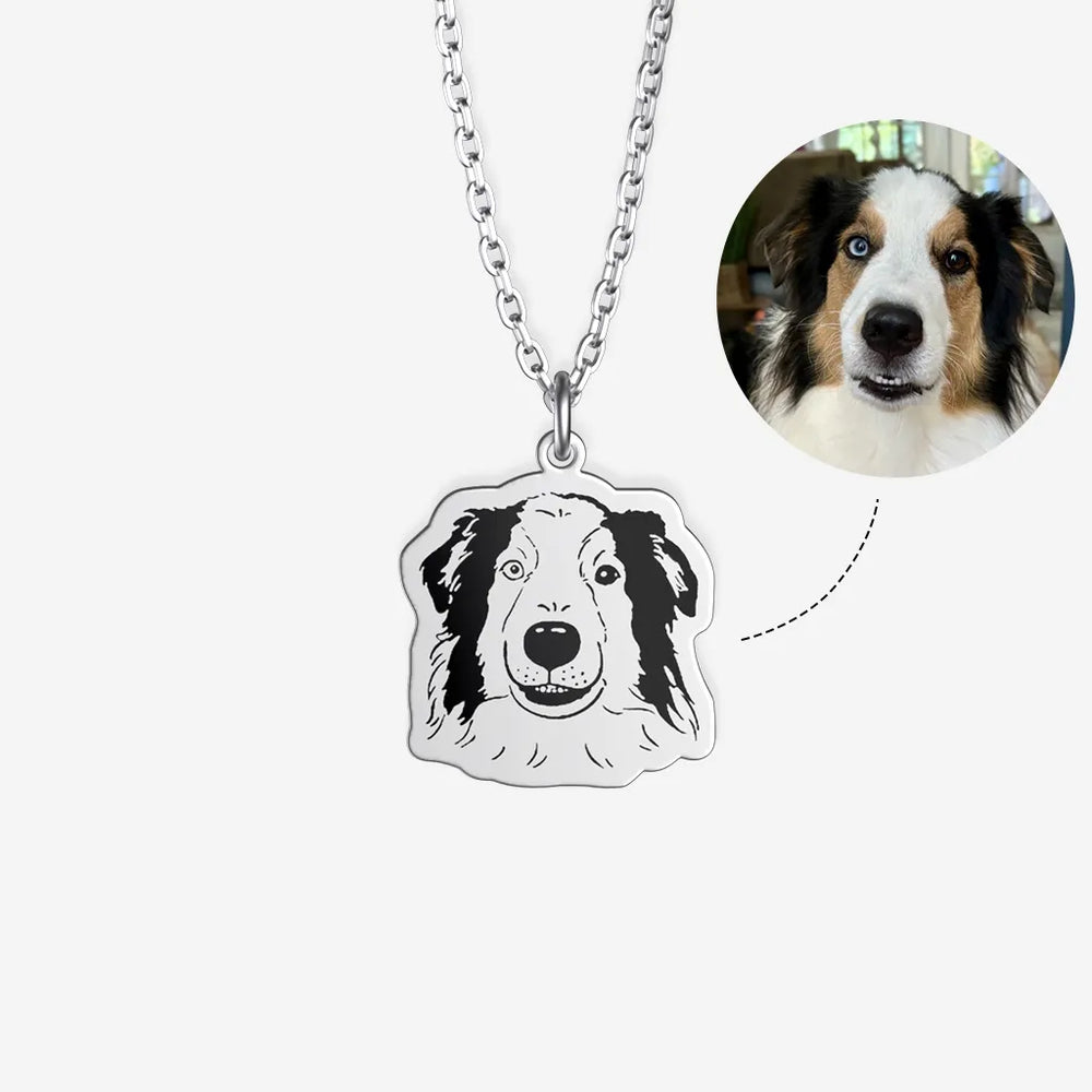 Hand-drawn and engraved pet portrait necklace in sterling silver