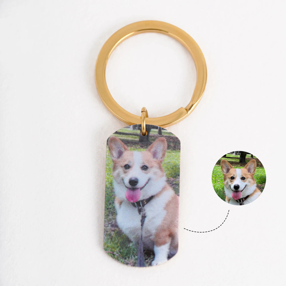 Personalized engraved pet photo keychain in gold