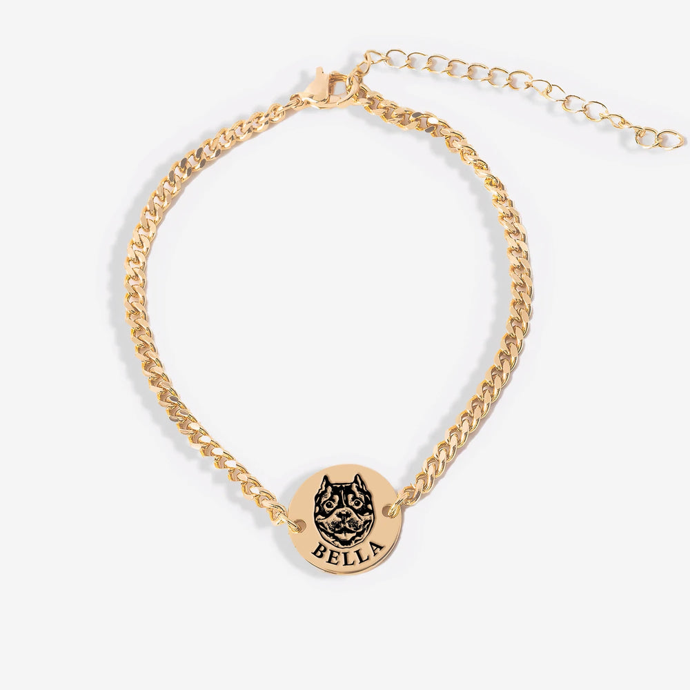 Gold Pet Face Bracelets featuring a custom engraved pet name for a personalized touch