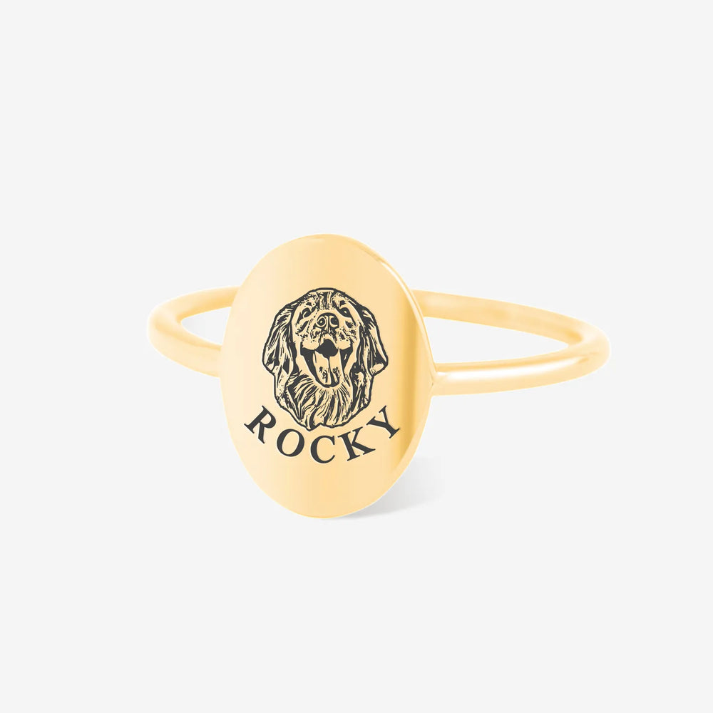 Gold Pet Face Ring featuring a custom engraved dog illustration and the name Rocky
