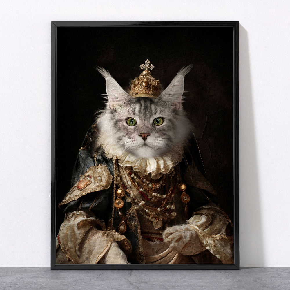 Majestic cat portrait featuring a regal feline dressed in royal attire with a crown, showcasing a pet portrait