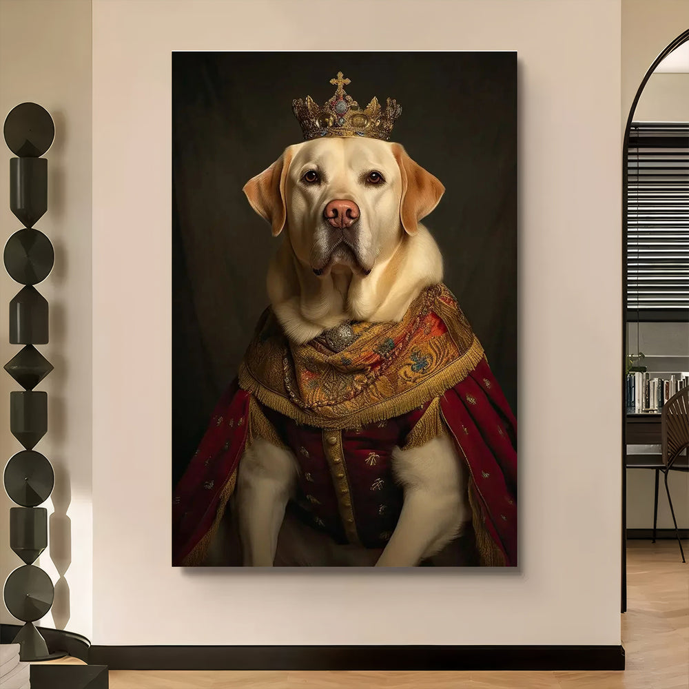 Elegant pet portraits of a regal Labrador wearing a crown and royal robes in a stylish interior setting