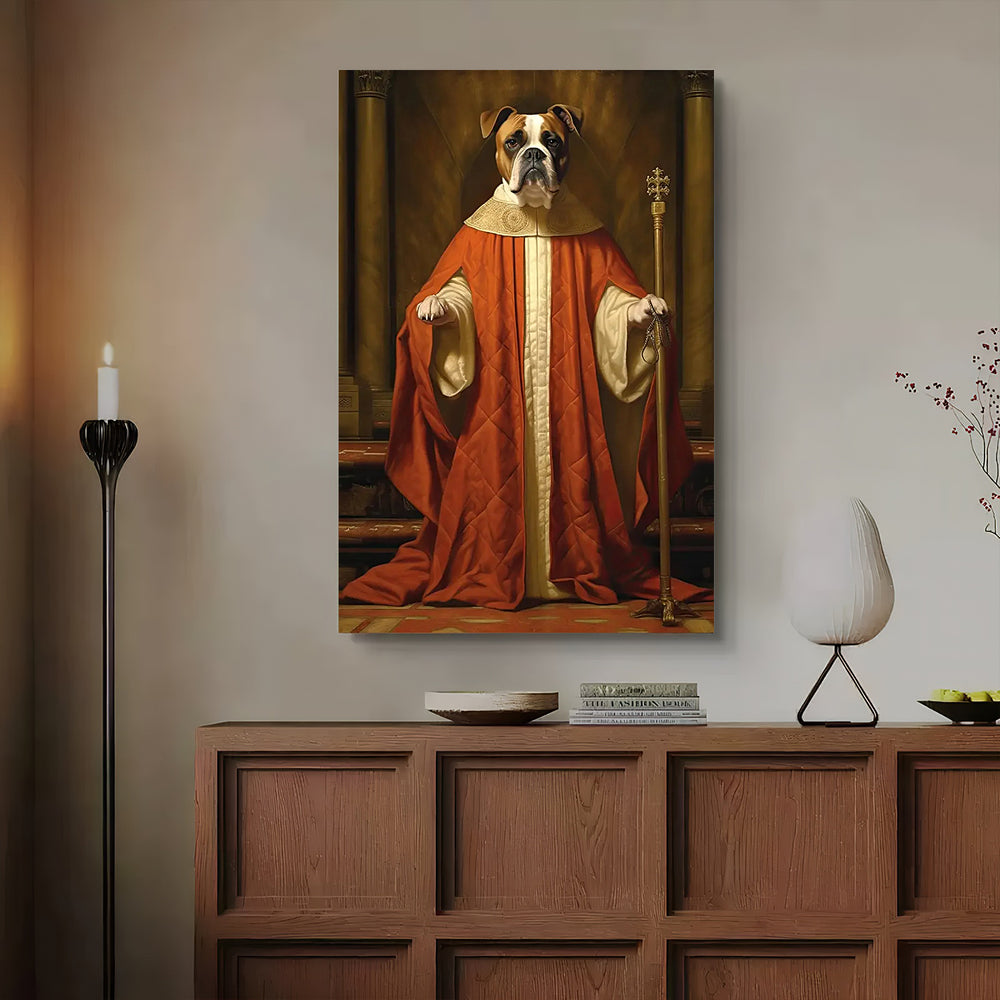 Portrait of a dog dressed as The Pope in ornate robes, displayed on a living room wall