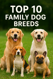 Top 10 Best Dog Breeds for Families in 2025 showcasing friendly dogs in a grassy field