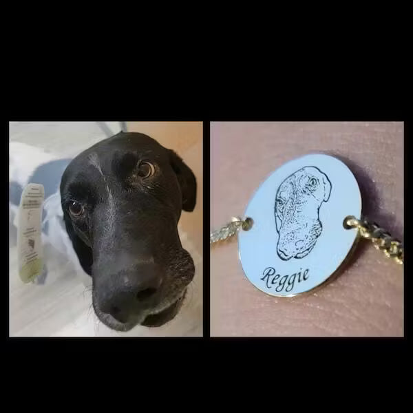 Custom Pet Face Bracelets showing black dog photo beside round engraved charm with pet sketch and Reggie