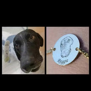 Custom Pet Face Bracelets showing black dog photo beside round engraved charm with pet sketch and Reggie