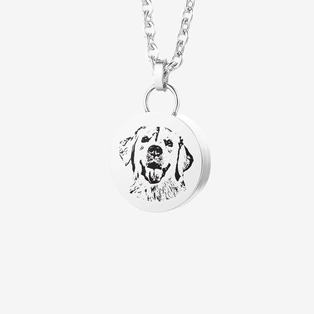 Custom Pet Urn Necklace with round silver pendant engraved with a dog portrait on a chain