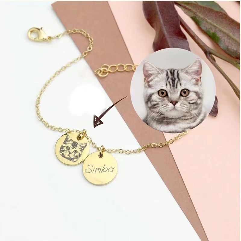 Custom Engraved Pet Face Necklaces gold chain bracelet with two round engraved cat face and name Simba on pendants