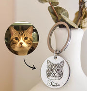 Customized Pet Face Keychains showing a cat photo converted to engraved round metal keyring with name Simba