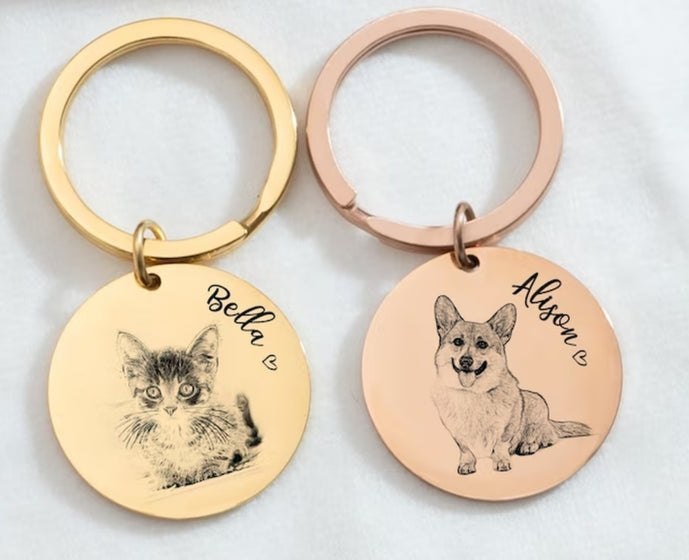 Personalized Cat Keychains featuring custom engravings of a kitten and a corgi dog