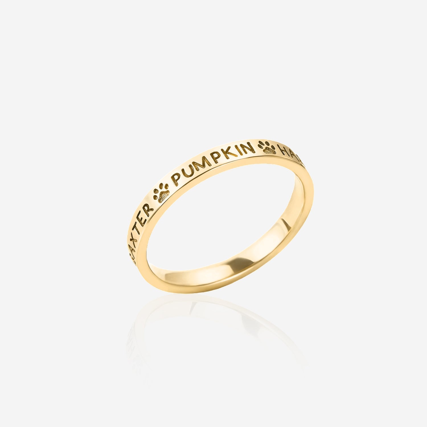 Gold engraved ring with paw print separators showing names like Pumpkin on white background Custom Pet Name Rings
