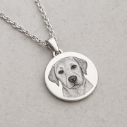 Sterling silver round pendant with engraved dog portrait on chain showcasing Custom Pet Photo Necklace