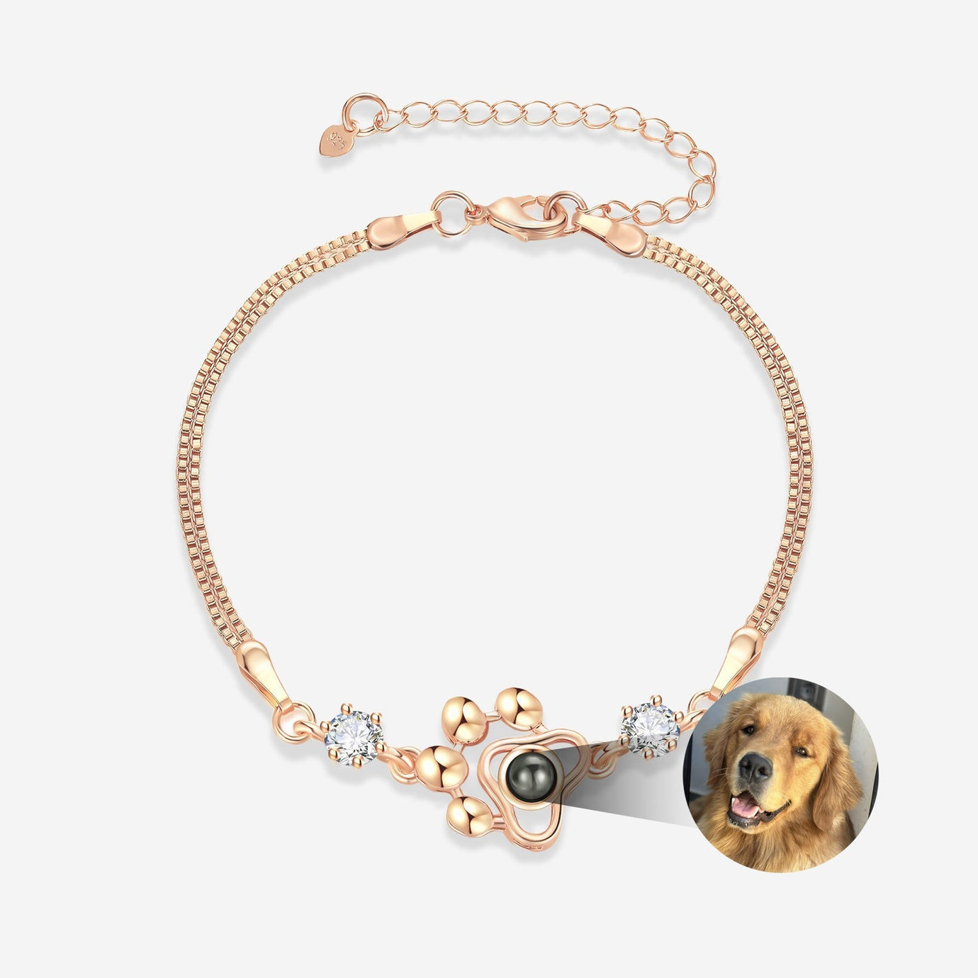 Rose gold Custom Pet Face Bracelet with paw charm and photo insert showing a golden retriever portrait