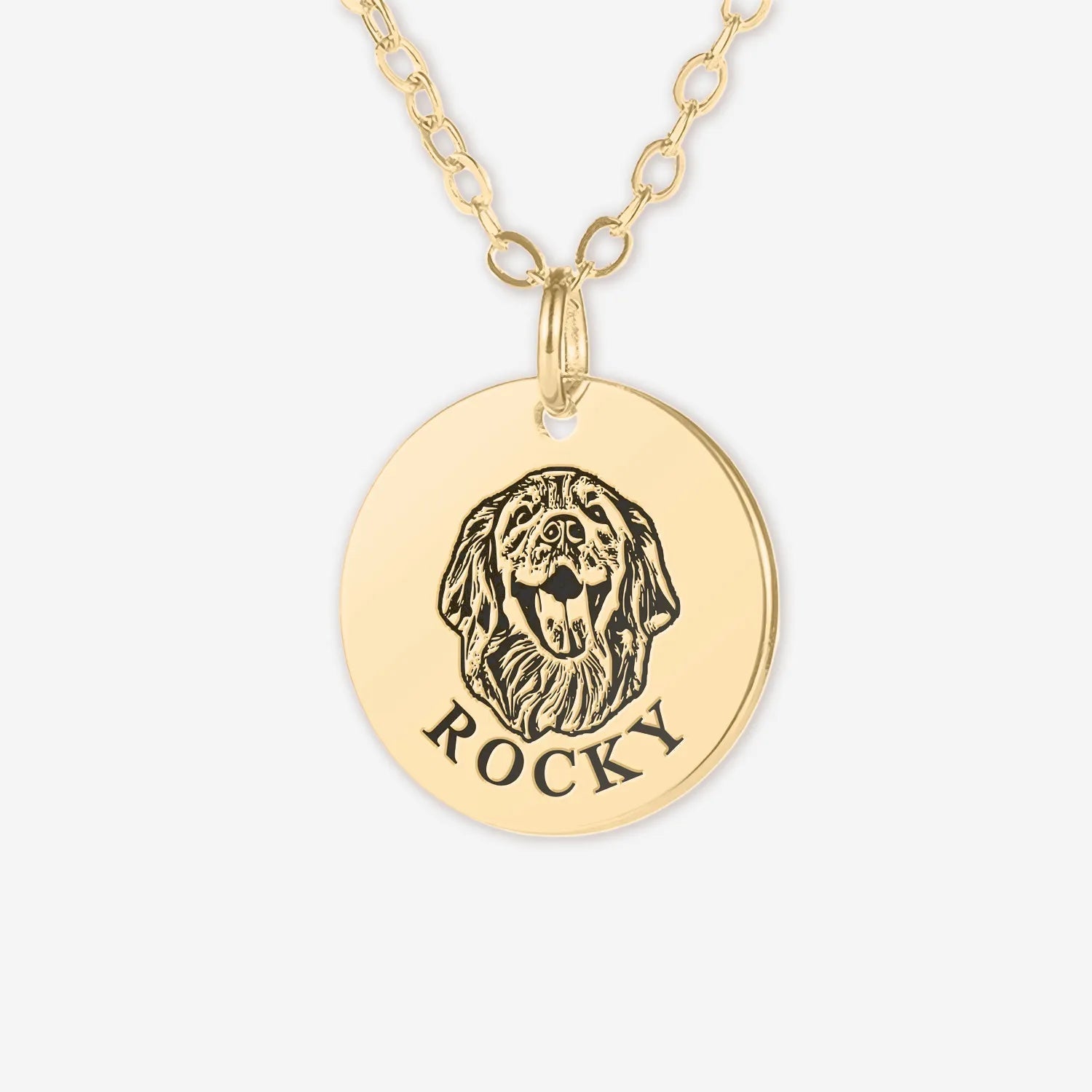 Gold round pendant on chain with engraved dog portrait and name Rocky showcasing custom pet face necklace deep engraving