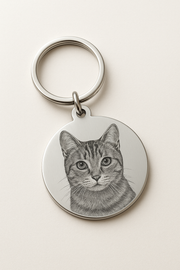 Round metal keychain engraved with a realistic cat portrait on cream background Custom Pet Face Keychains