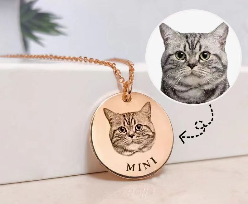 Rose gold pendant engraved with cat face and photo example showing How to Easily Order Your Custom Pet Face Necklace in 2025