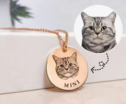 Rose gold pendant engraved with cat face and photo example showing How to Easily Order Your Custom Pet Face Necklace in 2025