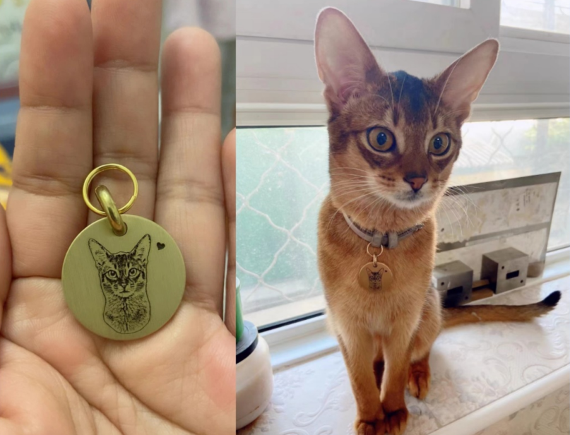 Hand holding engraved round gold Pet Face Keychain with cat portrait, beside the same cat wearing the matching tag on a windowsill