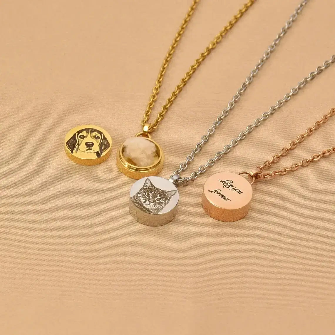 Cremation Jewelry featuring personalized pet pendants in gold, silver, and rose gold finishes