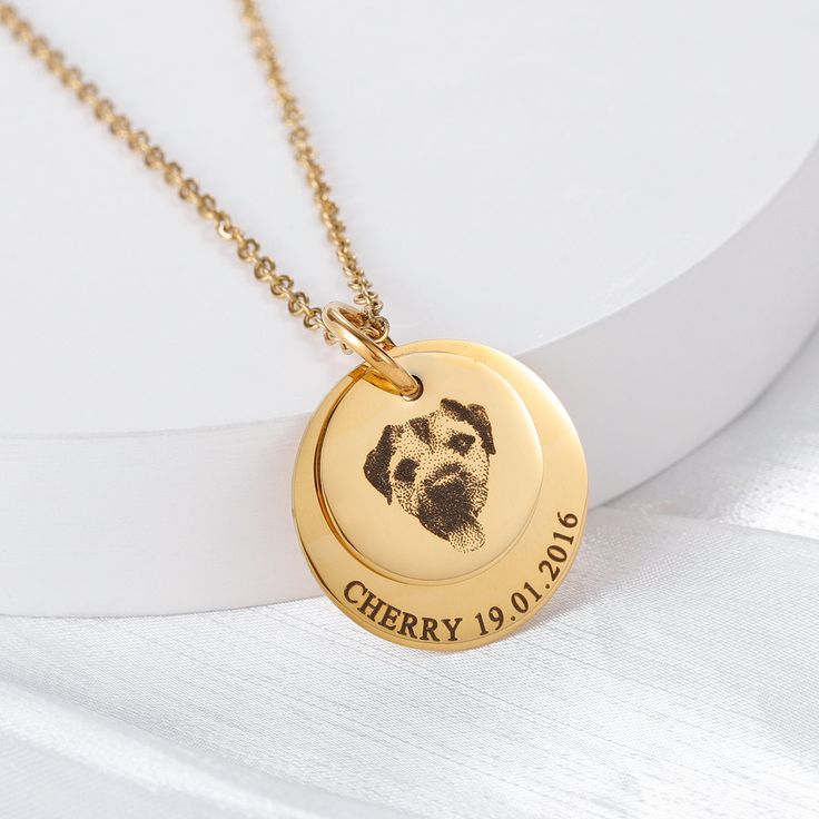 Personalized Pet Necklace featuring a golden pendant with an engraved pet portrait and name