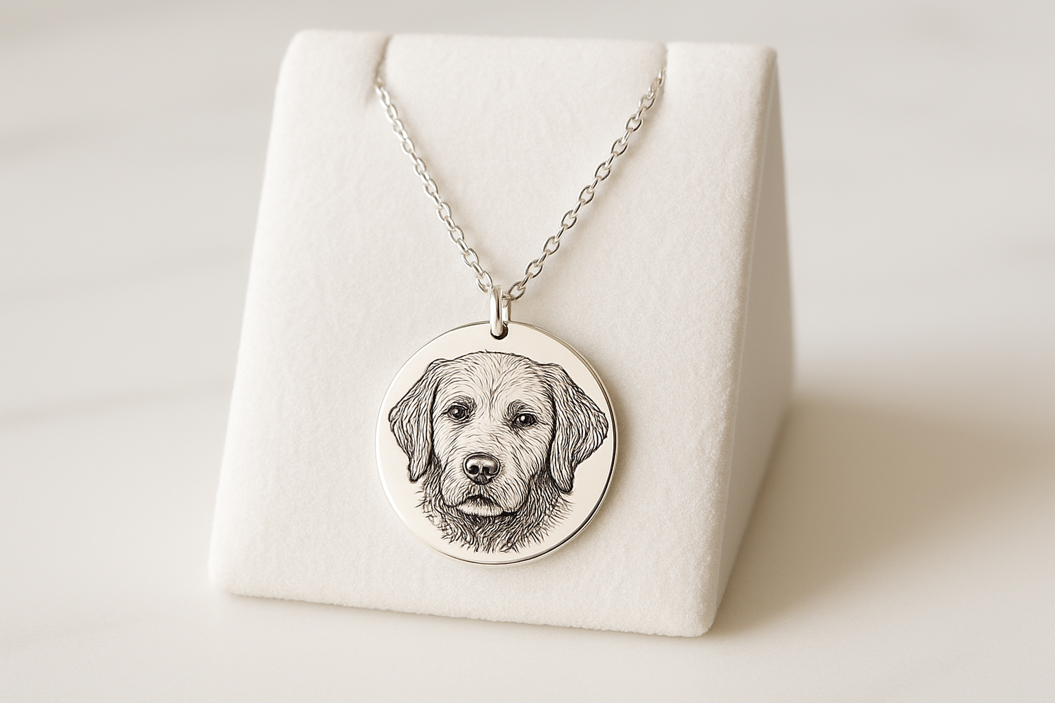 Engraved Pet Face Necklace showing a round silver pendant with a detailed engraved dog portrait on a display stand