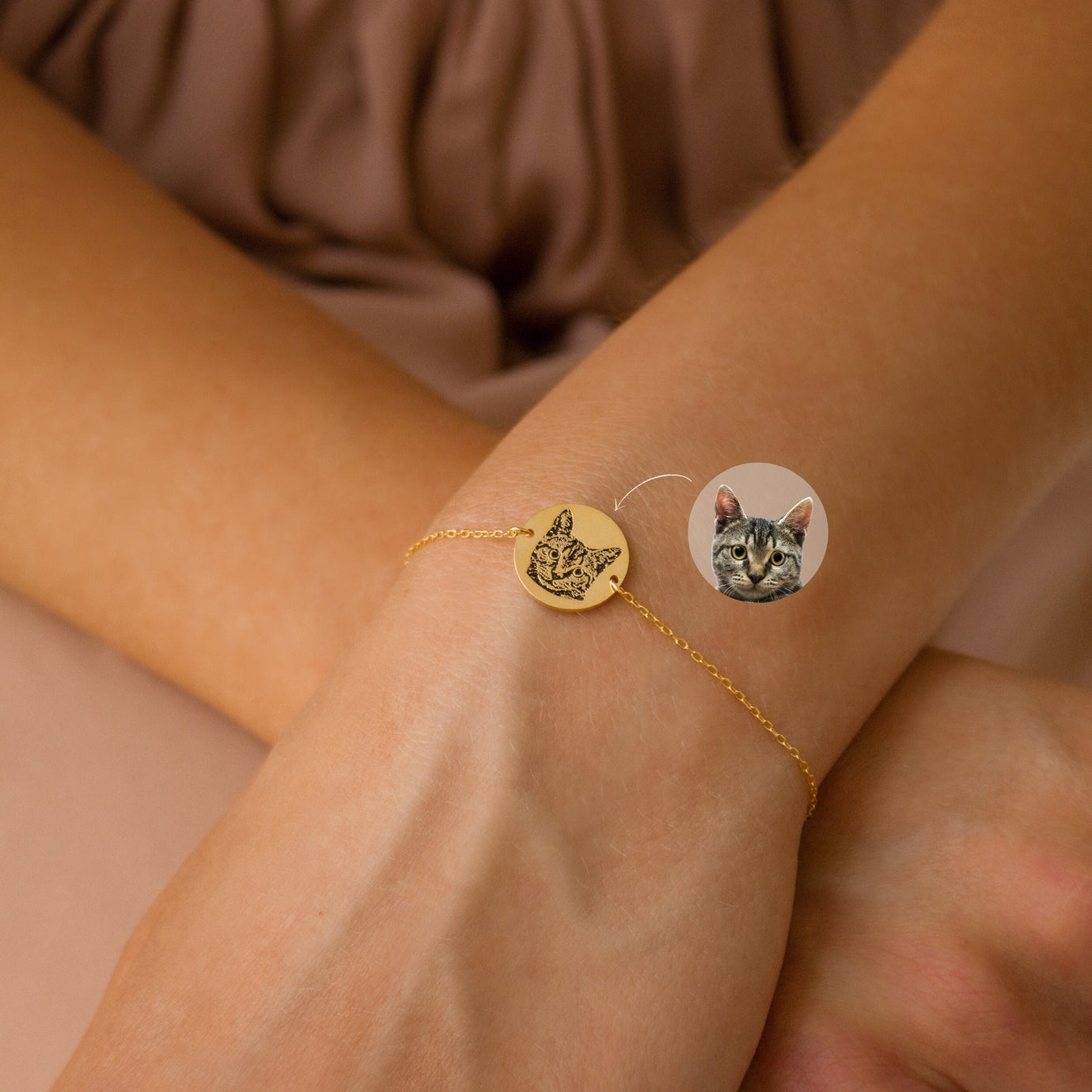 Delicate personalized gifts for him featuring a custom pet portrait bracelet on a woman's wrist