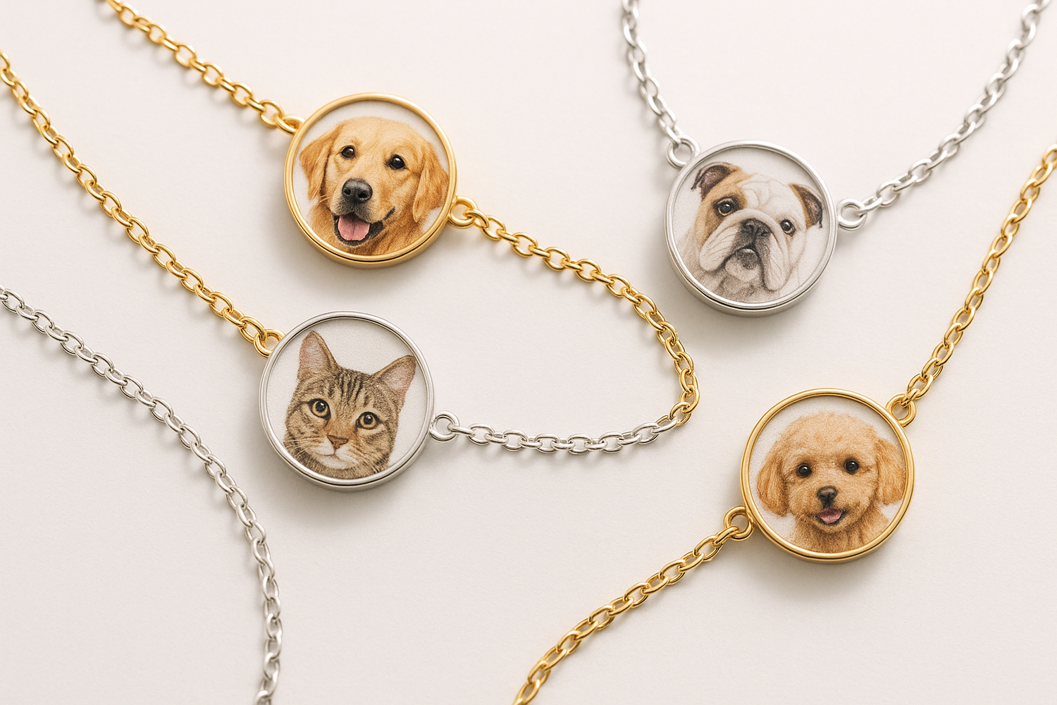 Pet Face Bracelet collection featuring gold and silver chains with custom dog and cat face charms