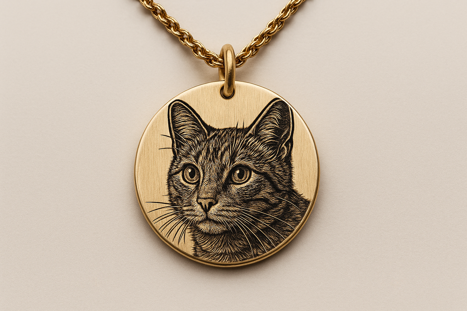 Gold pendant with an engraved cat face on a chain showcasing custom pet photo necklaces
