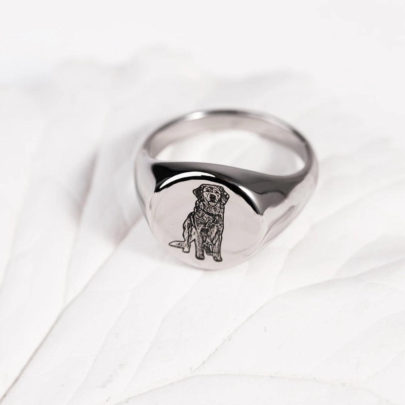 Stylish Pet Face Ring featuring a detailed engraving of a dog on polished metal