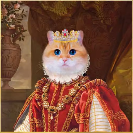 Customized Pet Portraits featuring a regal cat wearing a crown and royal attire