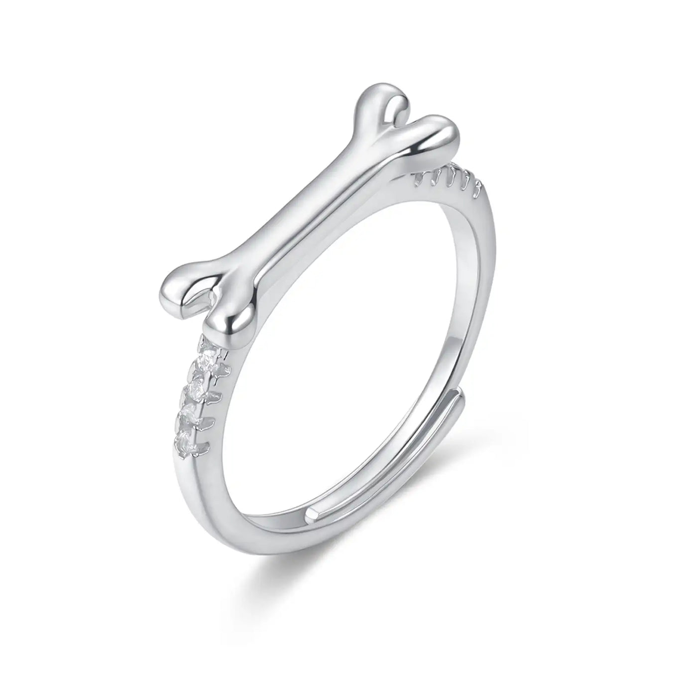 Stylish silver Pet Bone Ring featuring a unique bone design and sparkling accents
