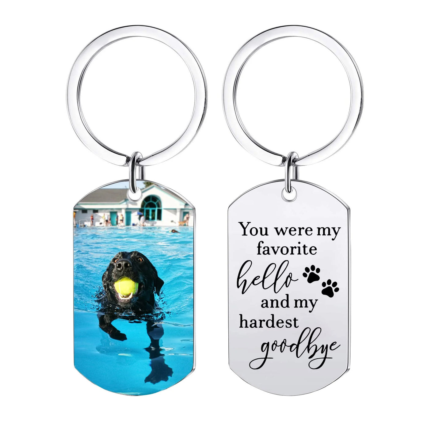 Personalized Pet Tag Keychain Featuring a Dog Swimming and Heartfelt Farewell Message