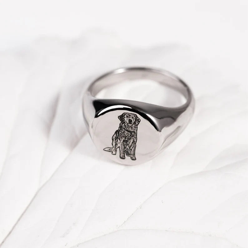 Stylish Pet Ring featuring an engraved dog design on polished silver material