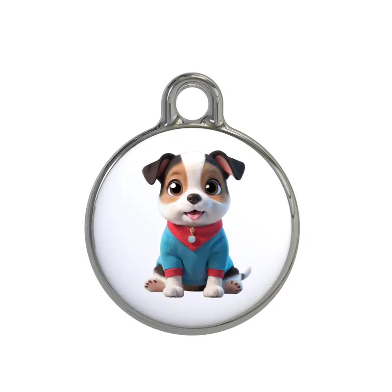 Cute pet tag featuring a cartoon dog, perfect for a pet tracker identification