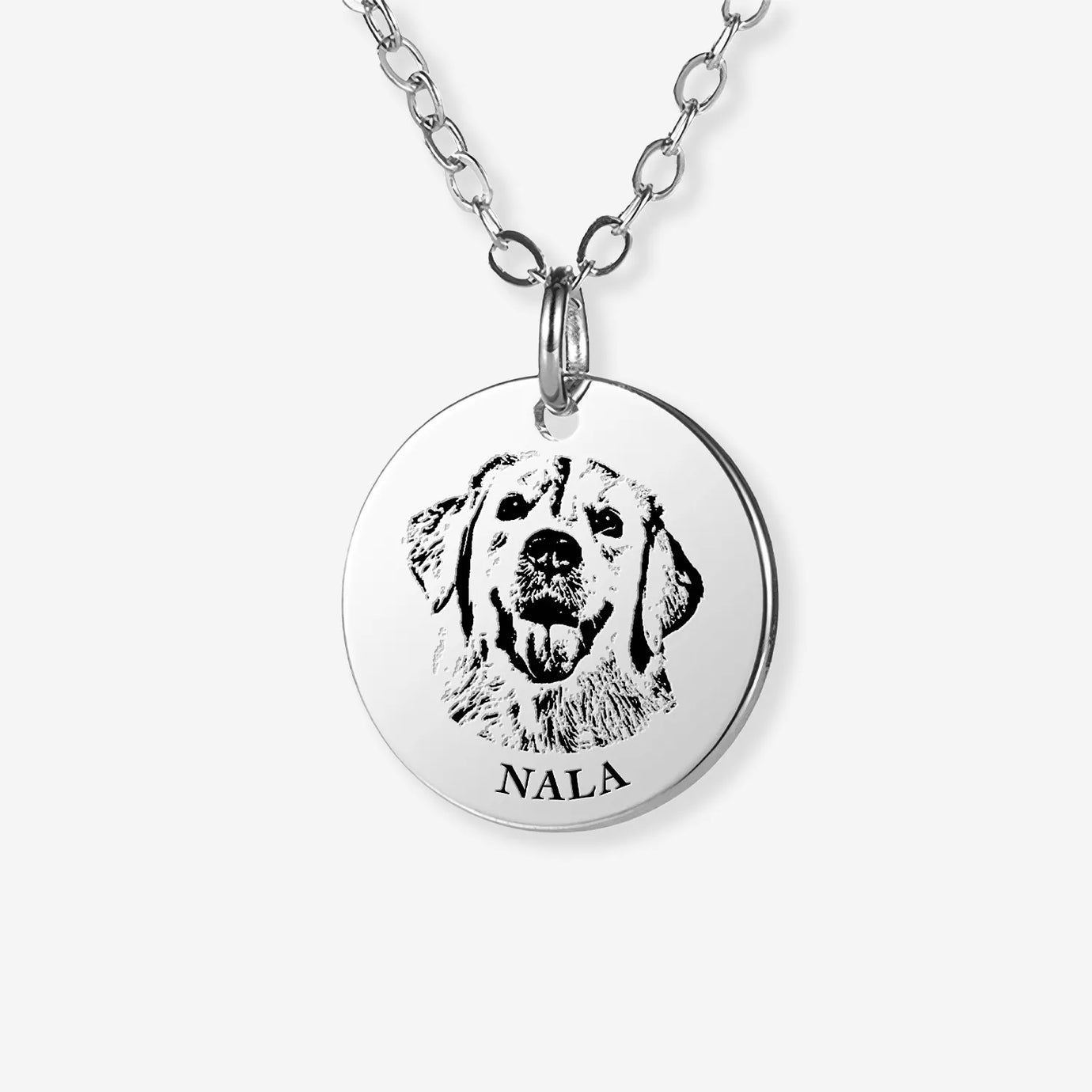 iPetprints Pet Face Necklace featuring a custom portrait of a dog with the name Nala